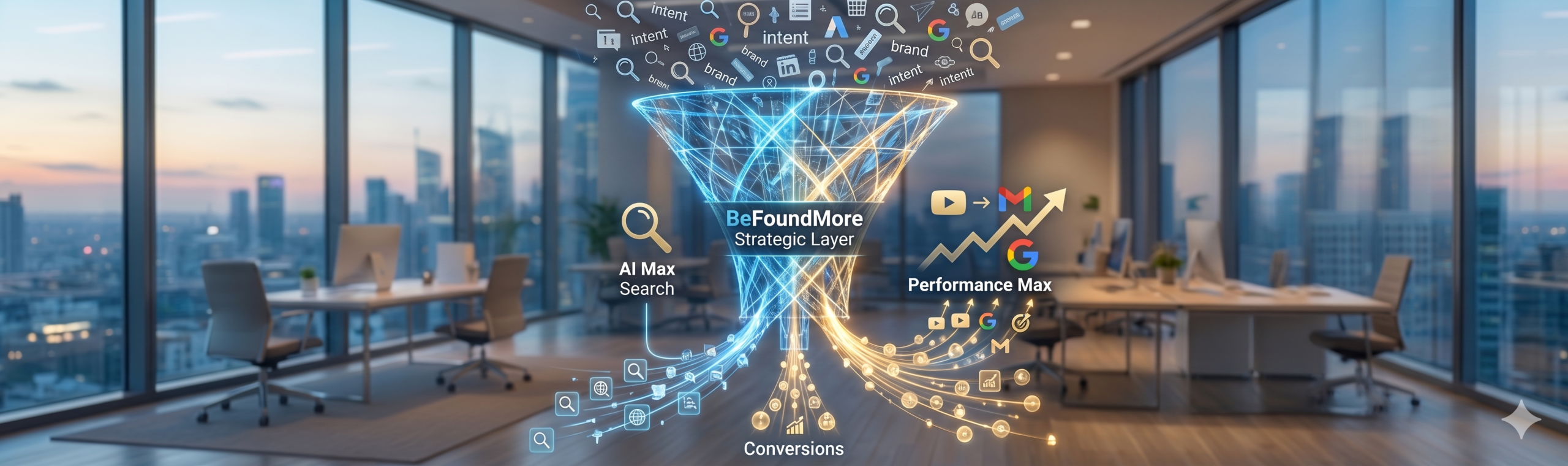 A sophisticated, 3D infographic concept visualizing digital marketing growth. A funnel made of glowing geometric glass processes chaotic data streams, which are refined by a central "AI Max Strategy" filter, ultimately cascading down into structured streams of profitable conversions across multi-channel paths.