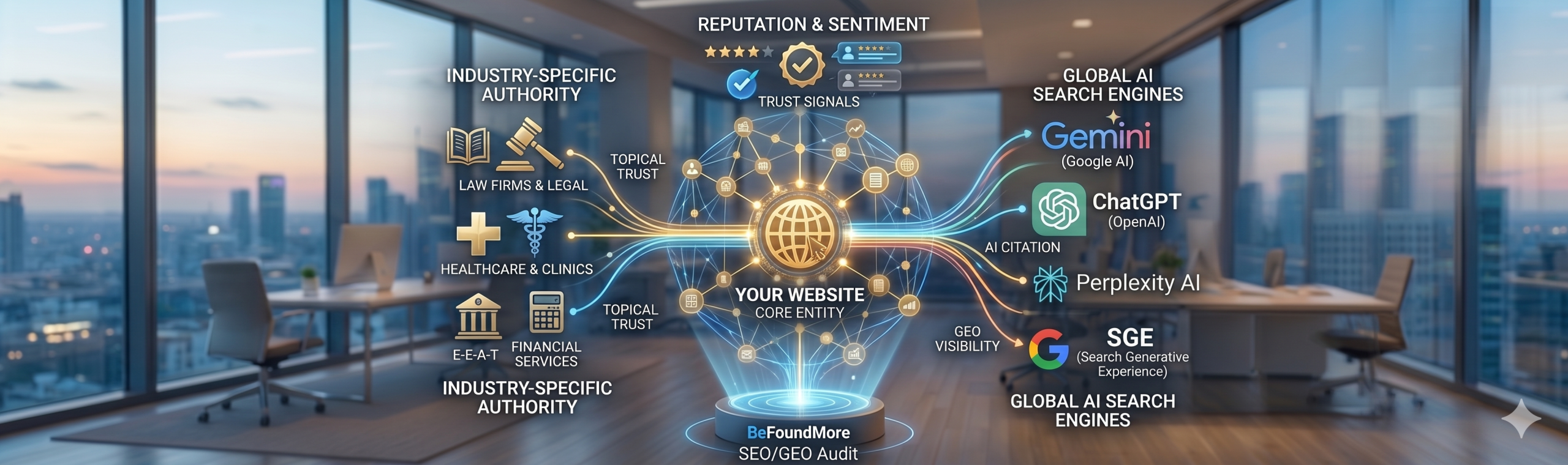 A visualization of your website at the center of a "web of trust," connected to various AI platforms (Gemini, ChatGPT, Perplexity) and industry-specific authority sites.